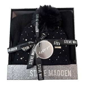 Steve Madden Embellished Hat and Scarf Set Women’s Black  Gift Box Beanie Toque